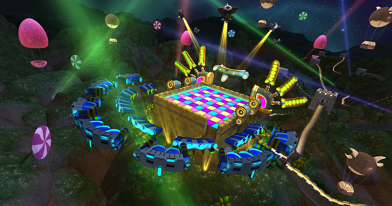 具有變形功能的現代化長城，懸浮在周圍的是觀眾的VIP席