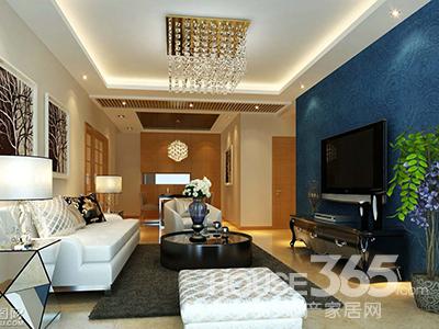 這個客廳的電視背景牆用海藍色的壁紙貼