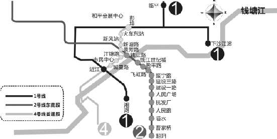 杭州地鐵1、2、4號線 部分線路示意圖 制圖 陳驍