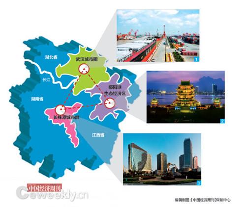 p51 “中三角”的地理范圍涵蓋了湖北武漢“8+1”城市圈、湖南長株潭城市圈、江西鄱陽湖生態經濟區。專家建議，武漢（圖1）可為長江中遊城市群的主中心，南昌（圖2）、長沙（圖3）為長江中遊城市群的副中心。
