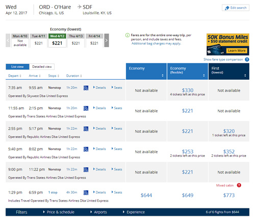 圖說：記者在美聯航官網搜索奧黑爾國際機場飛往肯塔基州路易斯維爾的航班。