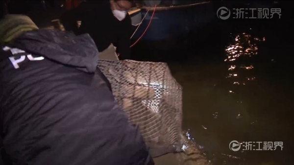 2012年8月31日晚，內蒙古男子張某被人關進鐵籠後，從這座大橋上拋入湖中，從此音訊全無。盡管兇手在作案半年後落網，但由于拋屍位置隱蔽，且深水打撈難度極大，杭州警方歷時2年多先後4次展開搜撈行動，最終于今年1月6日晚成功打撈出被害人遺體，案件得以成功告破。圖為打撈屍體出水。