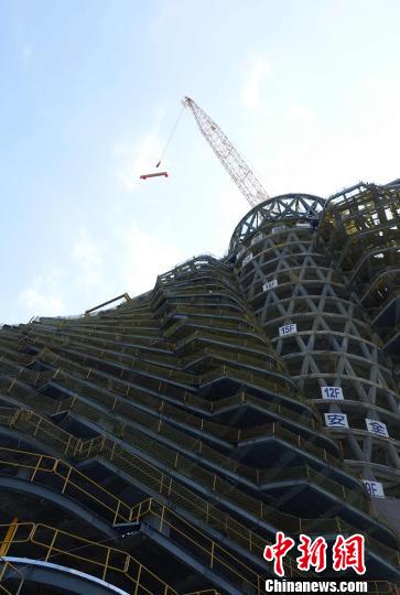 臺灣威京總部集團與旗下中華工程打造的節能建築——“陶朱隱園”，16日在臺北舉行上梁典禮，正式宣告鋼主體結構完成。圖為最後一根鋼梁正在吊起準備安裝。　路梅 攝